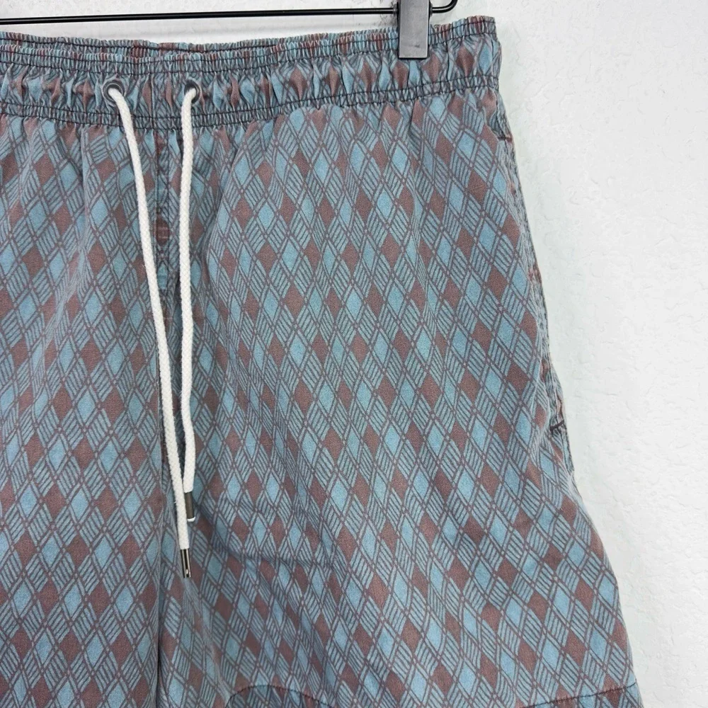 Faherty Swim Trunks Mens L Blue Abstract Diamond Pattern Drawstring Beach Shorts